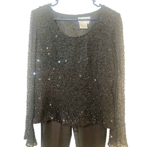 Papell Boutique Black Evening Beaded Long Sleeve Blouse Size Large - Picture 2 of 8